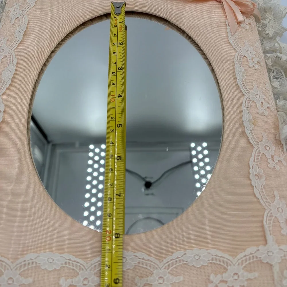 Vintage 80s Shabby Chic Peach Moire Silk Lace Ruffle Tabletop Frame Mirror